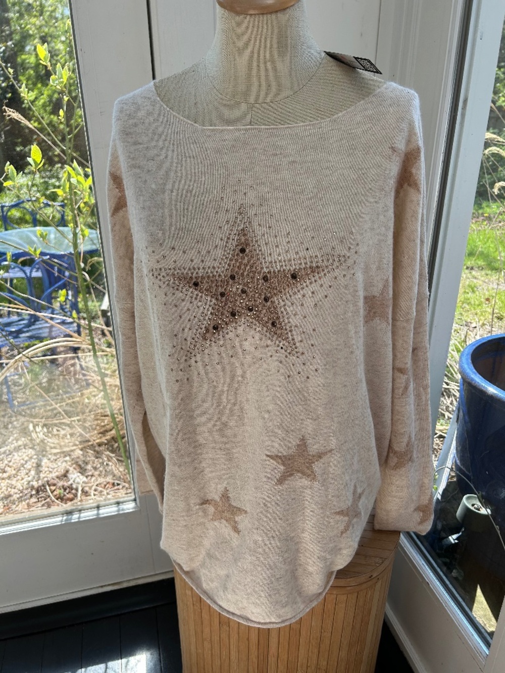 Parkhurst beige khaki sparkly stars intarsia knit sweater NEW NWT XL